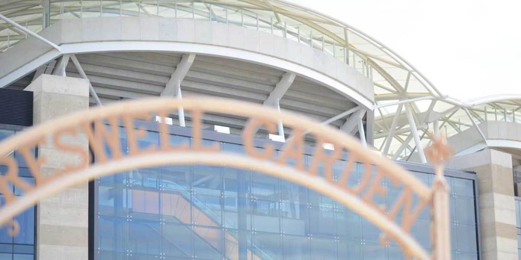 The new Oval rises behind the Creswell Garden, named after John Creswell, an early secretary of both the SACA and the SANFL. Photo: Nat Rogers/InDaily