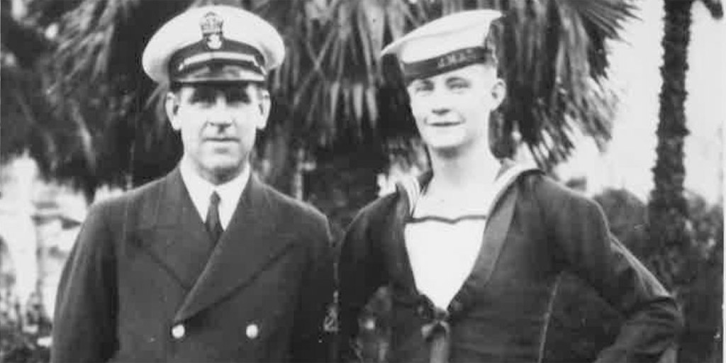 WBK (left) in the grounds of a WA hospital, with an unknown sailor, not long before he was lost in the sinking of the Sydney.