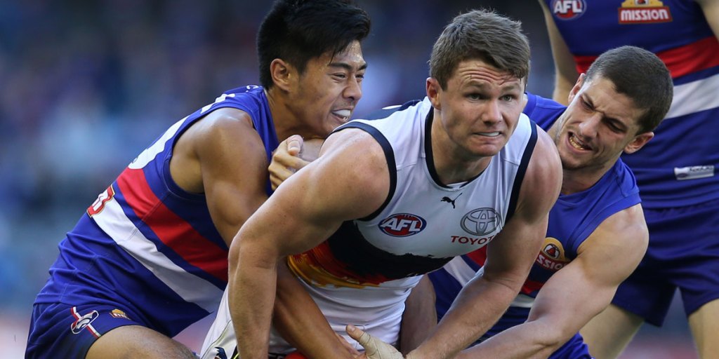 Crow Patrick Dangerfield in action yesterday against the now-not-so-hated Western Bulldogs.