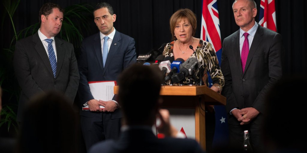 Health Minister Jack Snelling (left), with Treasurer Tom Koutsantonis, Education Minister Jennifer Rankine, and Premier Jay Weatherill yesterday. Photo: Nat Rogers/InDaily