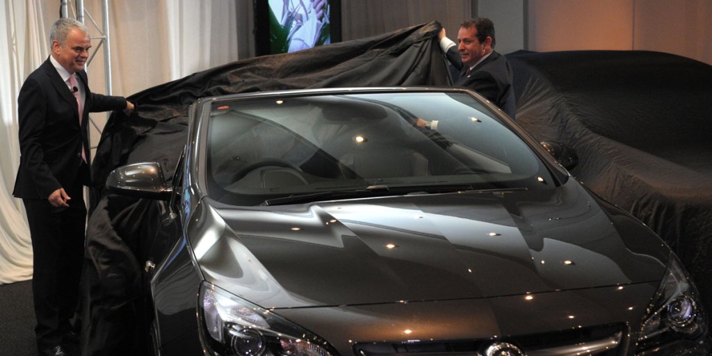 Stefan Jacoby (left) and Holden managing director Gerry Dorizas reveal the new Holden Cascada in Melbourne today.