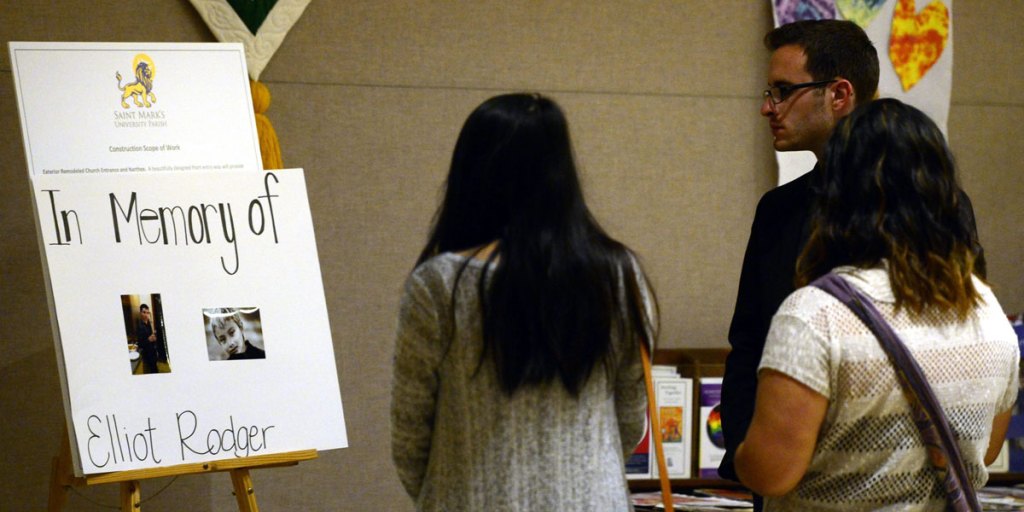Someone's son: mourners look at a memorial placard for mass killer Elliot Rodger. EPA/Michael Nelson