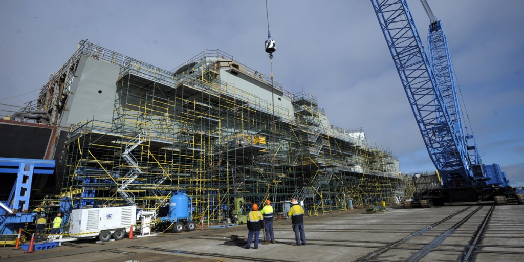 Work on the HMAS Hobart at the Adelaide construction site. Photo: AAP