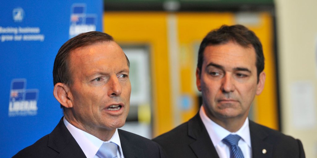 Tony Abbott and Steven Marshall talking to the media at the Edinburgh RAAF base.