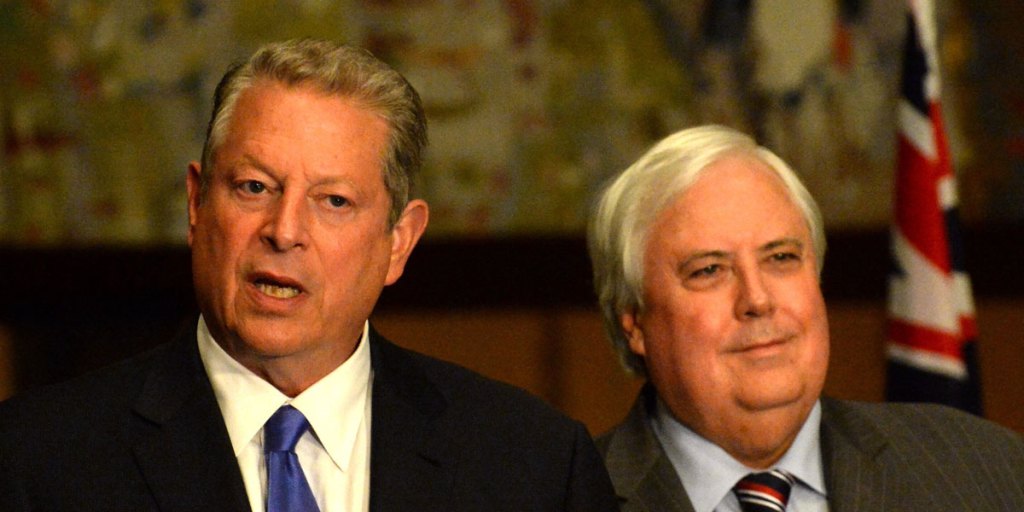 Former US vice-president Al Gore during his surprise press conference with Clive Palmer (right).