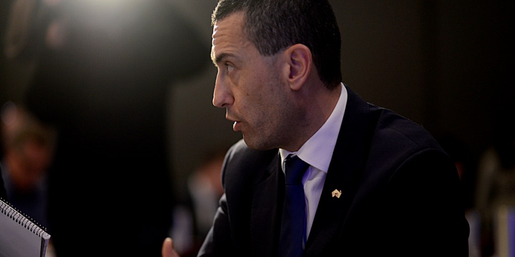 Tom Koutsantonis talking to journalists at today's budget "lock-up". Photo: Nat Rogers/InDaily