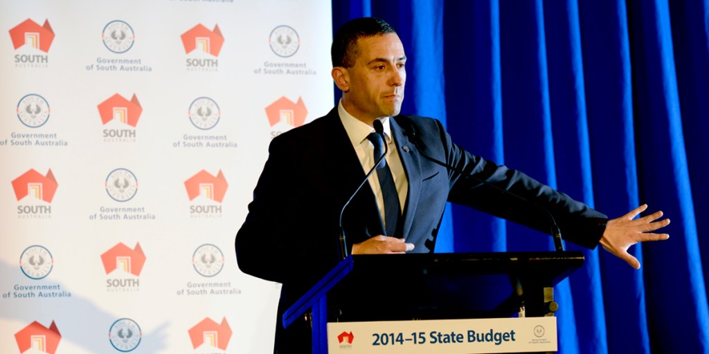 Treasurer Tom Koutsantonis explaining his first budget. Photo: Nat Rogers/InDaily