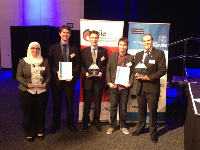 (L-R): Nadine Saadi (SMEOSH), Max Hughes (ORBIT), David Hobbs (ORBIT), Luke Larsen (AR Music Studio), New Venture Institute Director Matt Salier (representing Professor Richard Constantine).