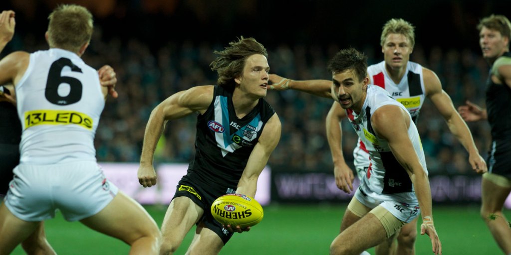 Despite hurting his ankle, Jared Polec was in fine form against St Kilda on Saturday. Photo: Michael Errey
