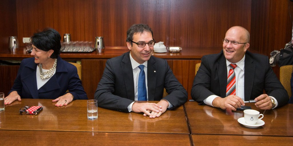 David Ridgway (right) pictured with deputy Liberal leader Vickie Chapman, and leader Steven Marshall.