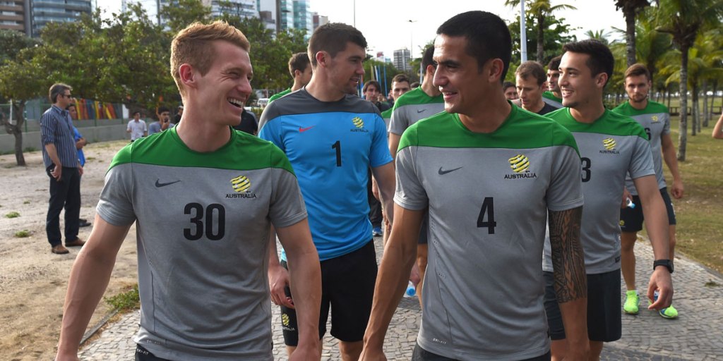 Tim Cahill (right) with teammates at the Socceroos' World Cup training base in Vitoria.