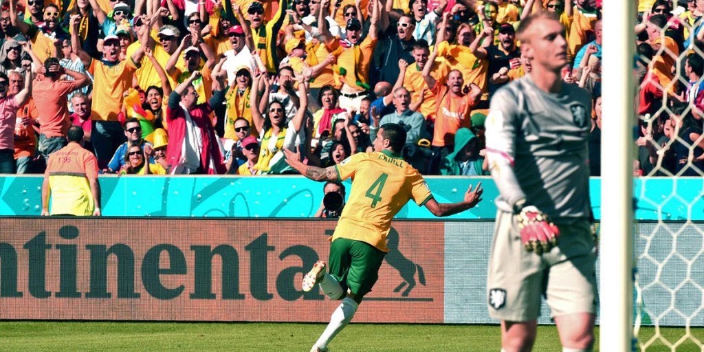 Cahill celebrates his spectacular goal against The Netherlands. AFP image