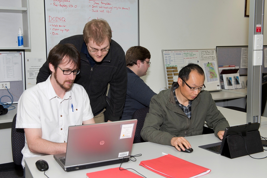 (L-R): TAFE students James Duncan, Christof Sigel, James Dowel (back) and Shi-Ping Duan during their Venture Dorm placement.