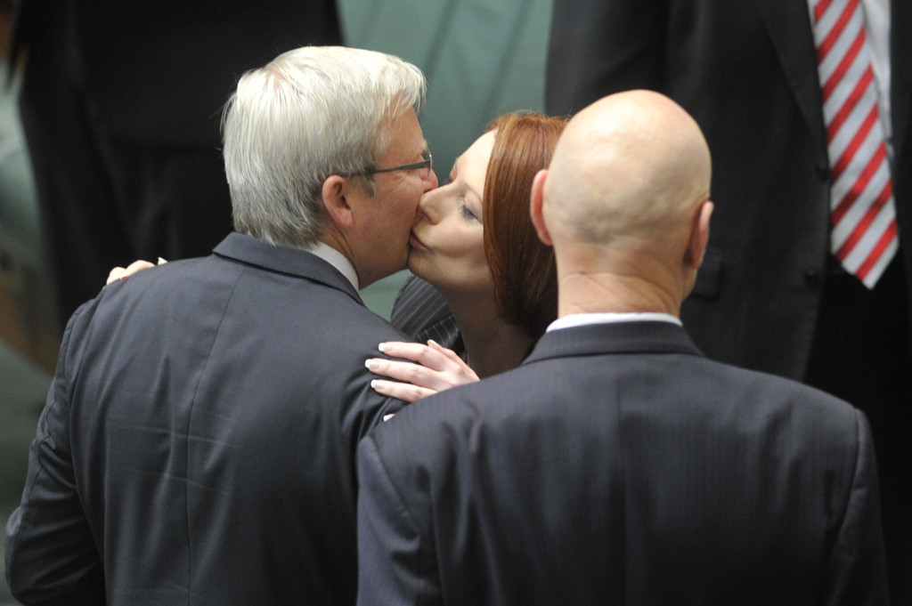 The beginning: PM Gillard kisses Foreign Minister Rudd after the passage of the carbon tax bill in October 2011