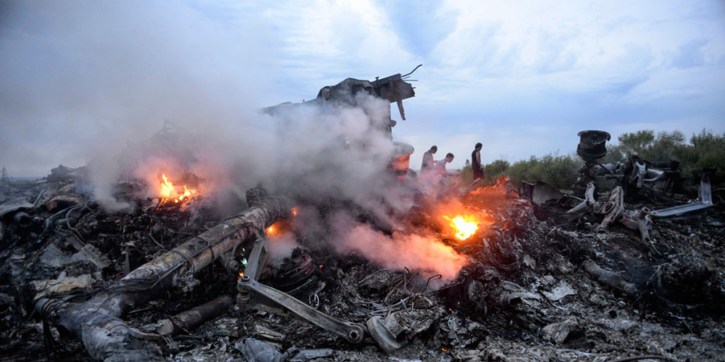 Burning debris of the Malaysia Airlines flight MH17, which crashed in eastern Ukraine 