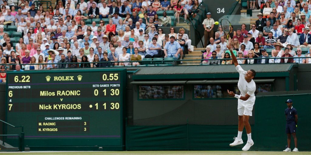 Australia's Nick Kyrgios serves during his quarter final match at Wimbledon.