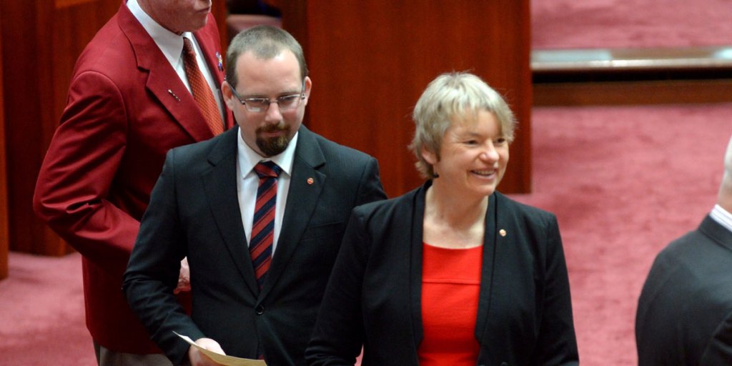 Motoring Enthusiasts Party senator Ricky Muir and Australian Greens senator Janet Rice during the swearing in of new senators at Parliament House today.