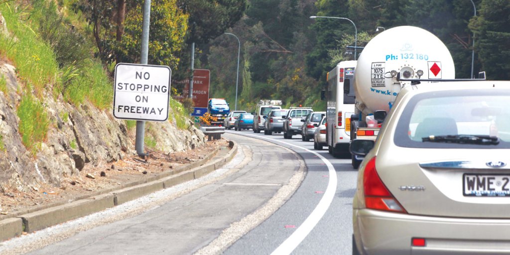 Traffic banked up on the freeway: a common experience for regular commuters.