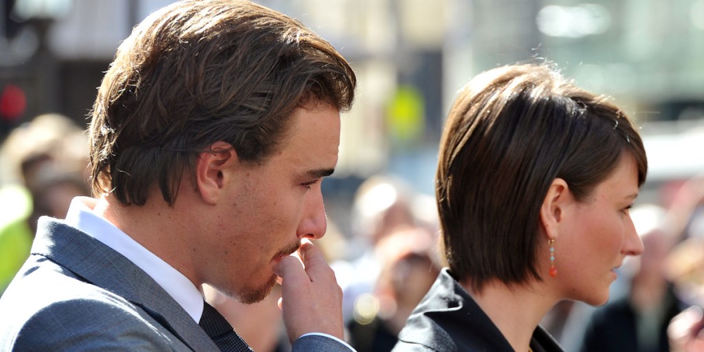Harriet Wran with her brother Hugo at the state funeral for their father in May. Photo: AAP