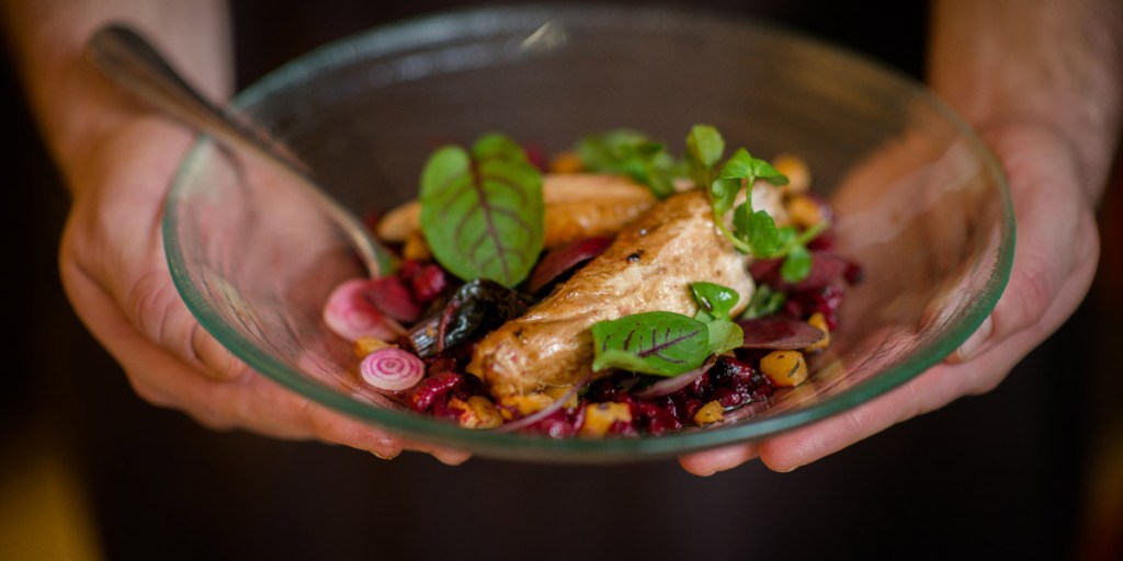 Thumbnail for Poached and roasted chicken with beetroot spaetzle