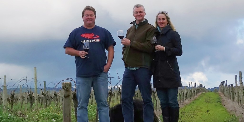 Reid Bosward (CEO, chief winemaker), Stephen Dew (winemaker) and Sarah McMahon (sales and export director) in the old vines at Kaesler. Photo Philip White