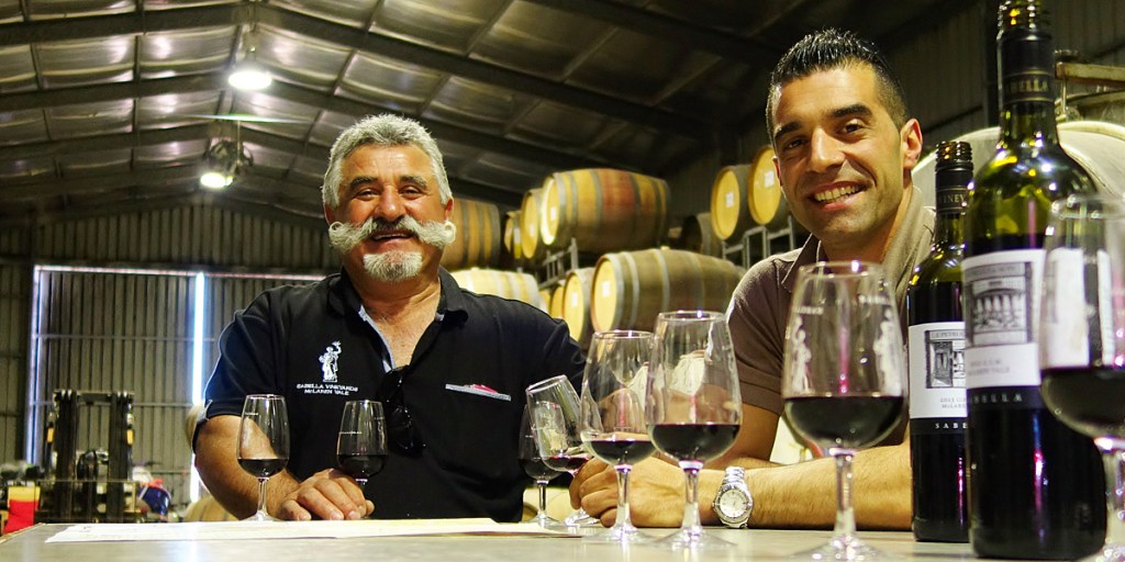 Fusto and gusto aplenty: Joe Petrucci with winemaker son Michael.