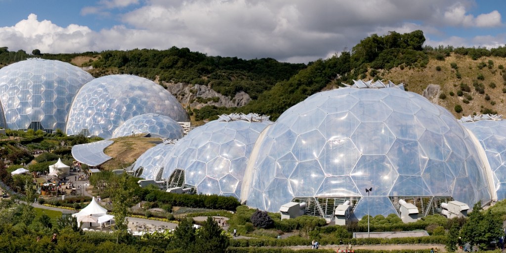 Artificial biomes house thousands of plants from around the world in the Eden Project in Cornwall, UK.