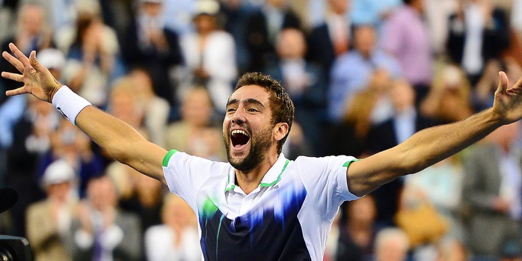 Marin Cilic of Croatia reacts after defeating Kei Nishikori of Japan to win the US Open final. 