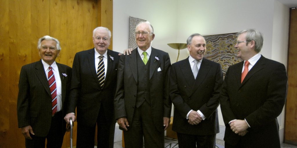 A Prime Ministerial line-up: (from left) Bob Hawke, Gough Whitlam, Malcolm Fraser, Paul Keating and Kevin Rudd.
