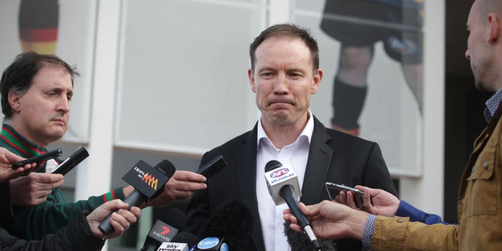 Axed coach Brenton Sanderson faces the media at West Lakes.