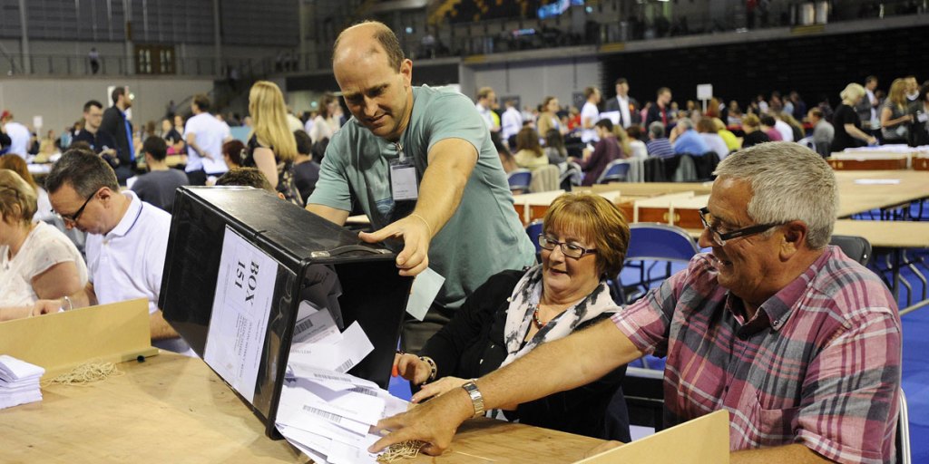 Ballots are counted at the Emirates Sports Arena in Glasgow.