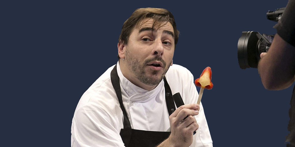 The nose has it: Spanish chef Jordi Roca with a popsicle shaped as a nose at this month's San Sebastian Gastronomika Festival. Photo: EPA