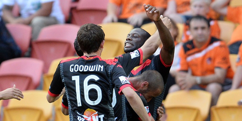 Adelaide's Bruce Djite celebrates his goal.