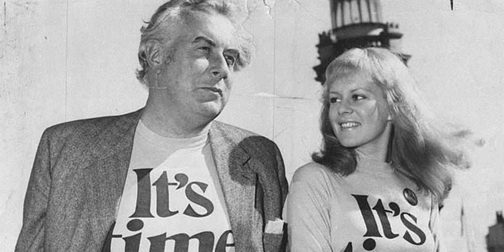 Gough Whitlam and singer Little Pattie wearing "It's time" t-shirts - a campaign devised by South Australian Mick Young.