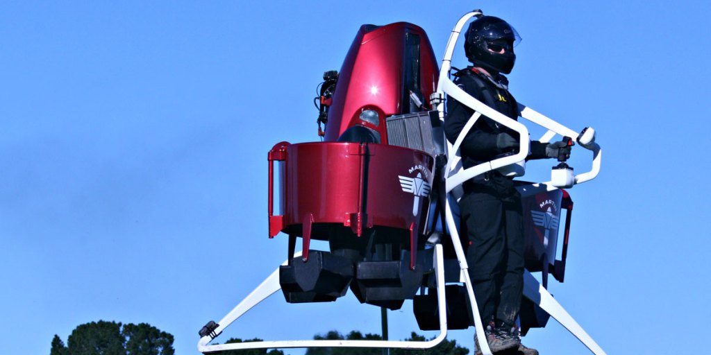 A pilot using a Martin Aircraft Company jetpack.
