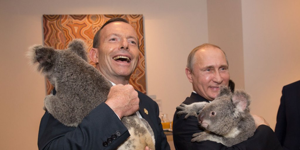 Tony Abbott and Russian President Vladimir Putin cuddle Koalas at the G20 summit in Brisbane.