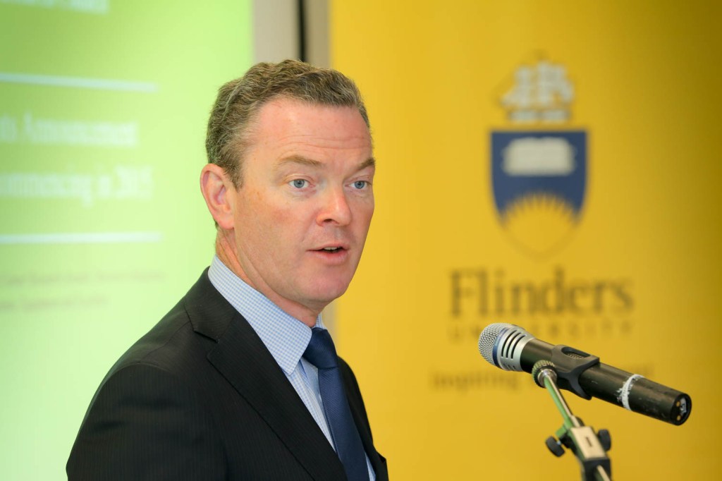 Federal Education Minister Christopher Pyne announcing the 2015 Australian Research Council awards at Flinders University Victoria Square. Image by Russell Millard.