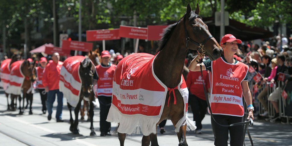 Might and Power, winner of the 1997 Melbourne Cup is walked down Swanston Street during the Melbourne Cup parade.