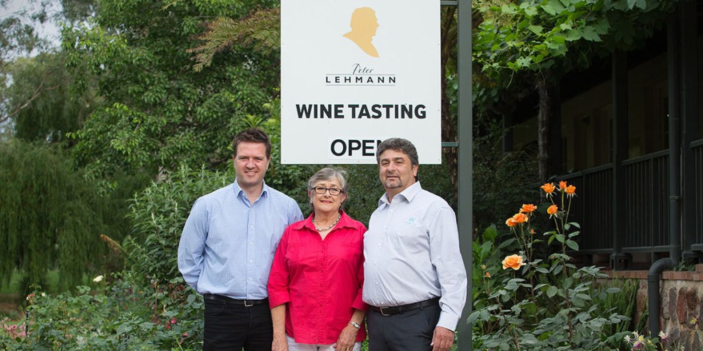 Peter Lehmann Wines CEO Jeff Bond with Margaret Lehmann and Casella Family Brands MD John Casella. Photo: Supplied

