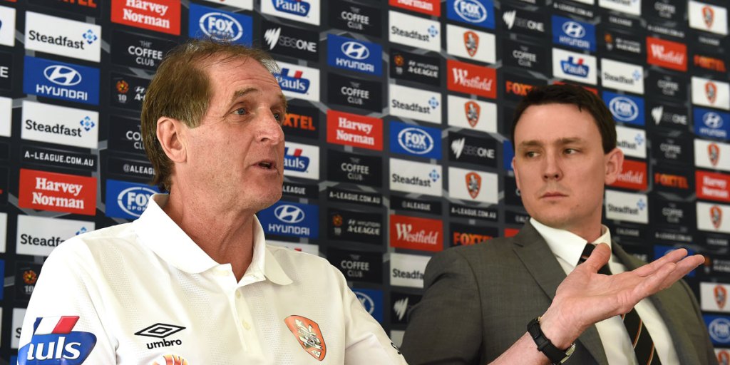 Brisbane Roar interim coach Frans Thijssen (left) with managing director Sean Dobson.