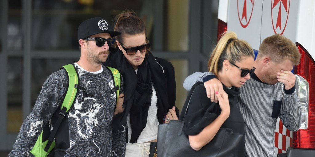Cricketer Dave Warner his partner Candice Falzon (right) and Matthew Wade and his partner leave St. Vincents Hospital.
