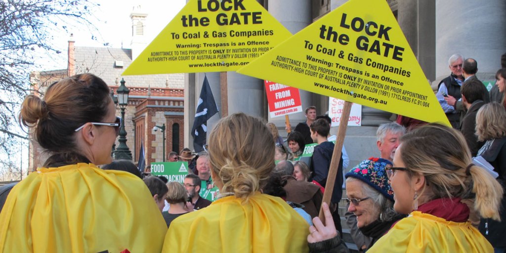 An anti-fracking protest on the Parliament House steps. 