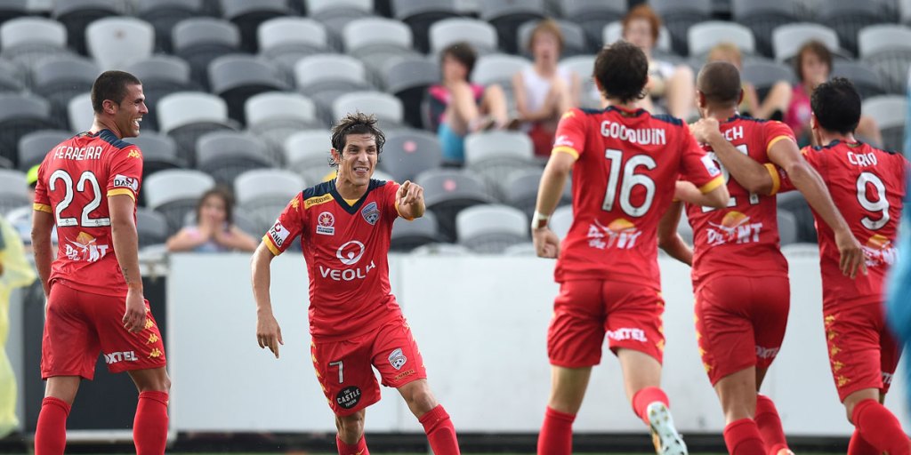 Pablo Sanchez (second from left) celebrates after scoring his second goal.