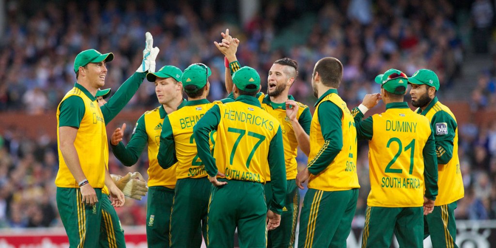The South Africans celebrate a Parnell wicket. Photo: Michael Errey