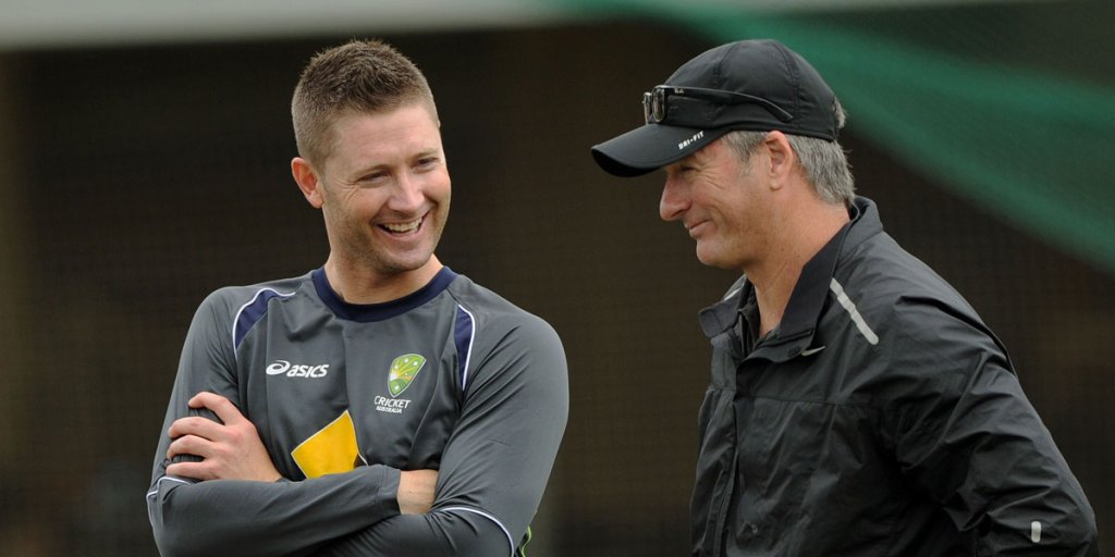 Former captain Steve Waugh (right) with incumbent skipper Michael Clarke.