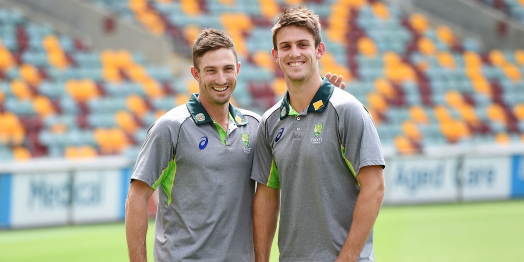 Brothers Shaun and Mitch Marsh on the Gabba during training this week.