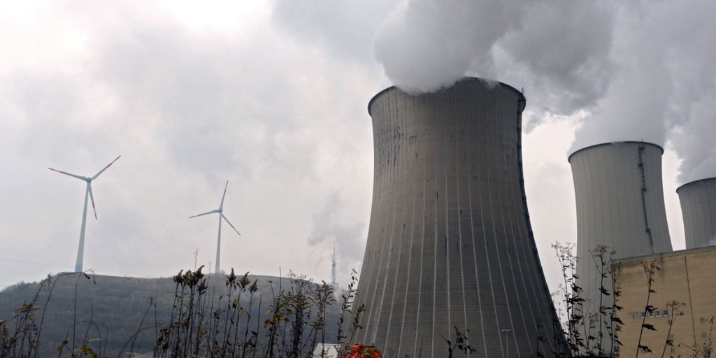 Wind turbines next to a nuclear power plant in Germany.