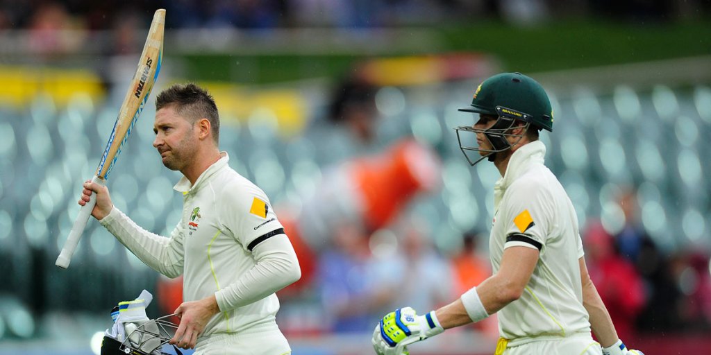 Michael Clarke (left) and Steve Smith leave Adelaide Oval last week.