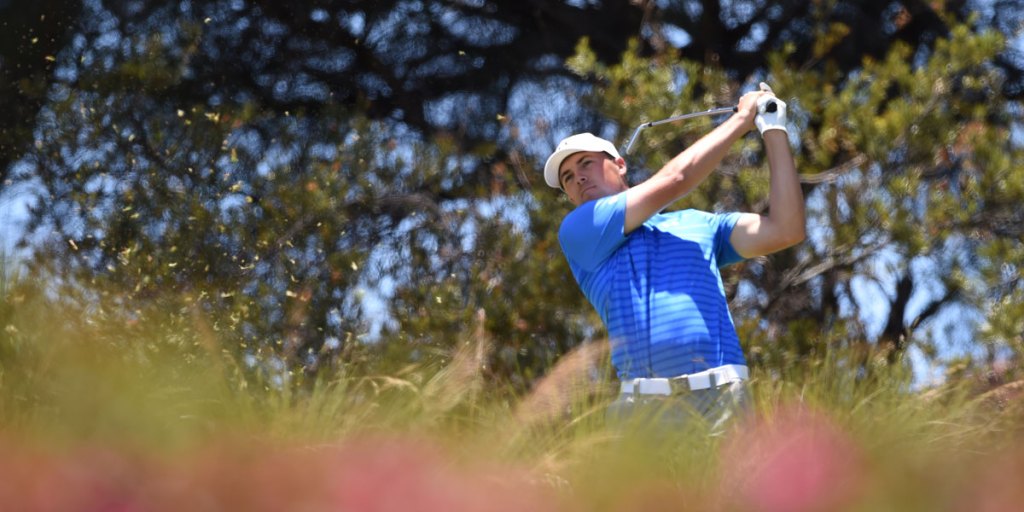Jordan Spieth of the USA tees off on the 2nd during the final round of the Australian Open.