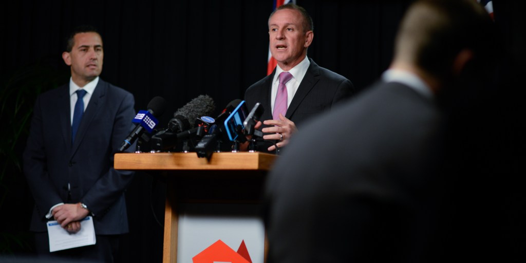 Jay Weatherill (centre) and Tom Koutsantonis making the OZ Minerals announcement today. Photo: Nat Rogers/InDaily